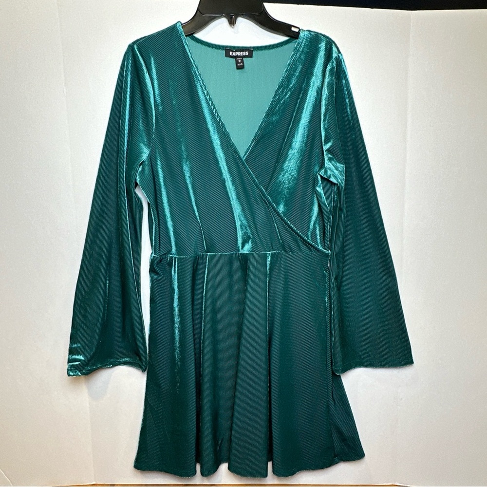 Express Emerald Green Dress Medium Petite Bell Sleeve Cross Front Striped Detail